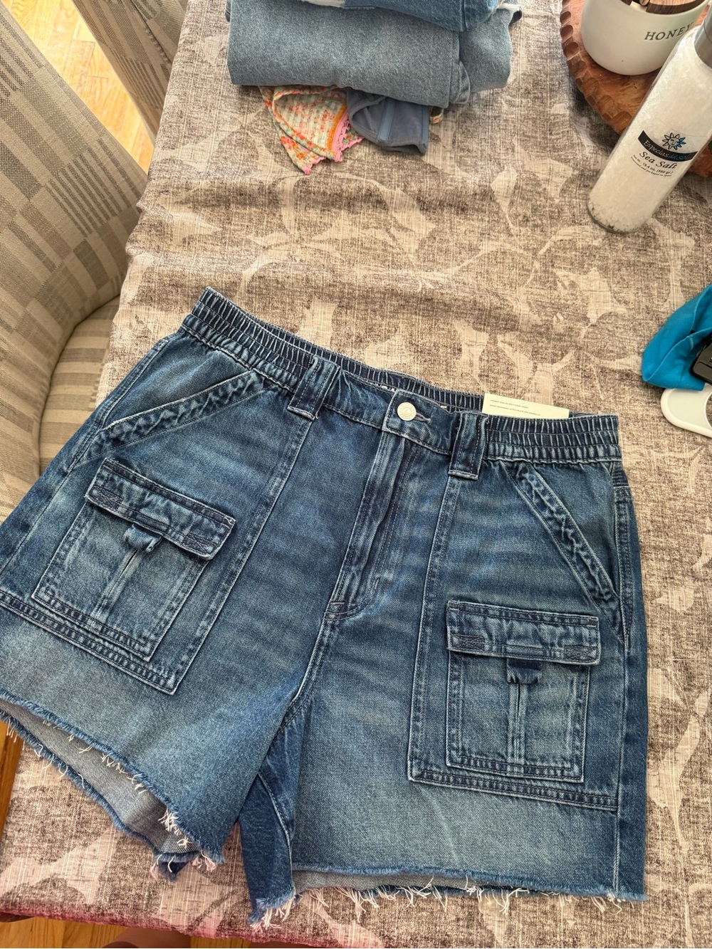 American Eagle Outfitters Blue Denim Cargo Shorts with Frayed Hem